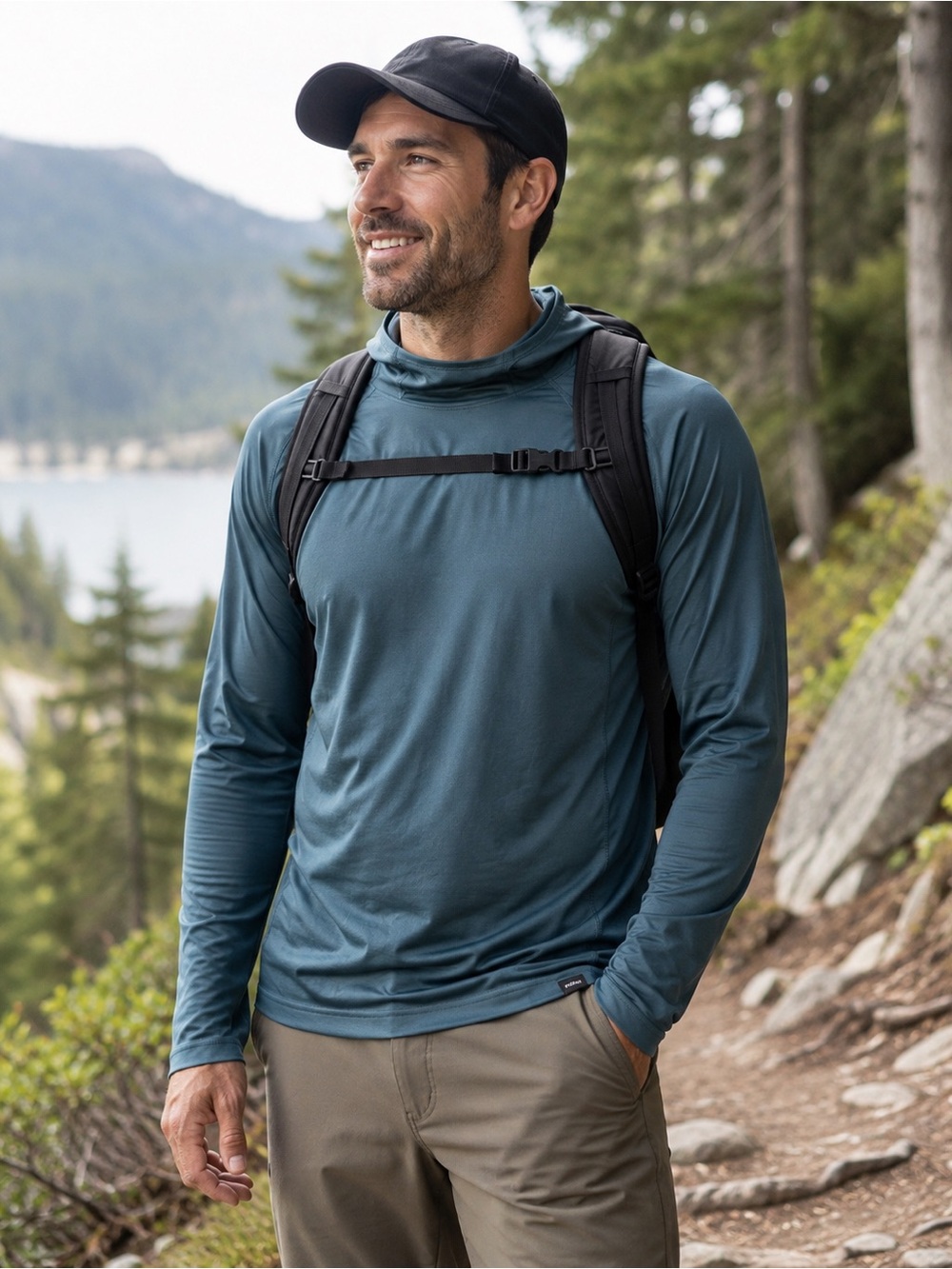 Men’s prAna Medium Lightweight Hooded Performance Shirt Hiking Outdoor Teal